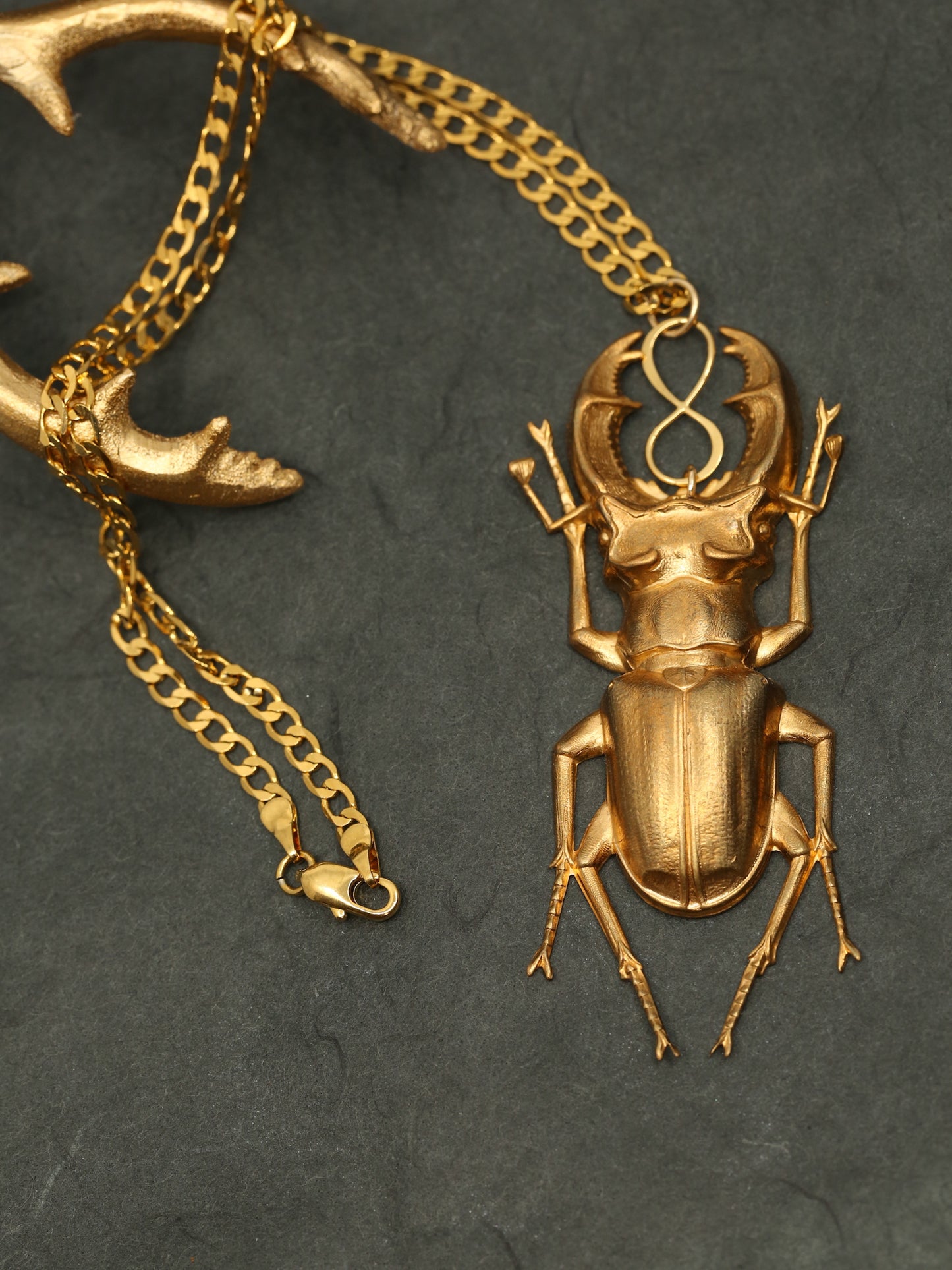 Gold-filled stag beetle necklace