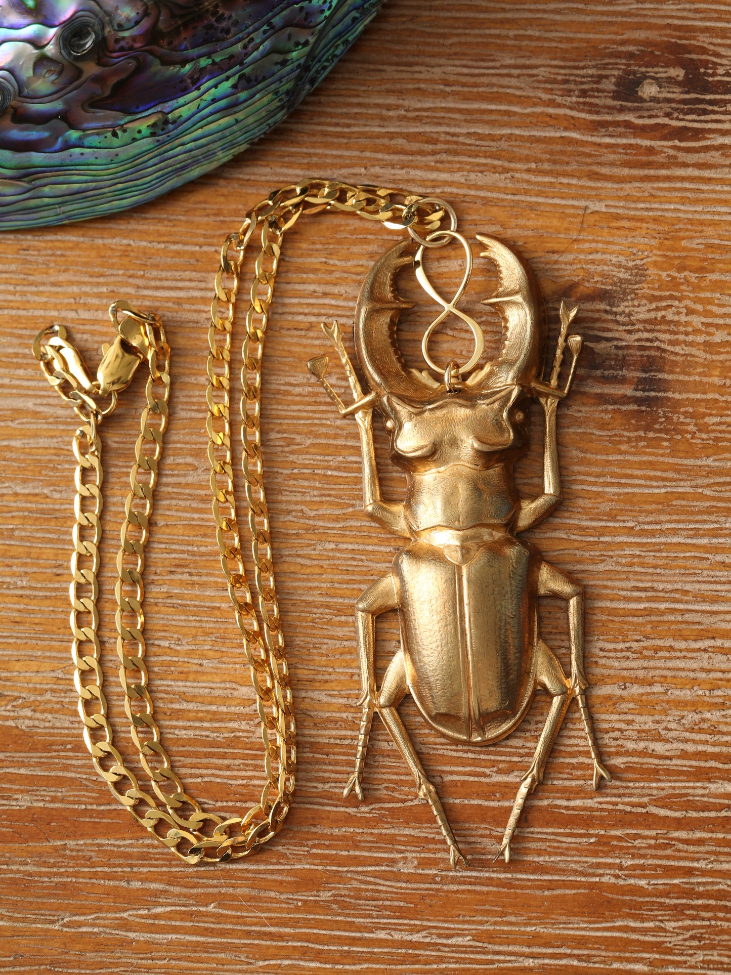 Gold-filled stag beetle necklace