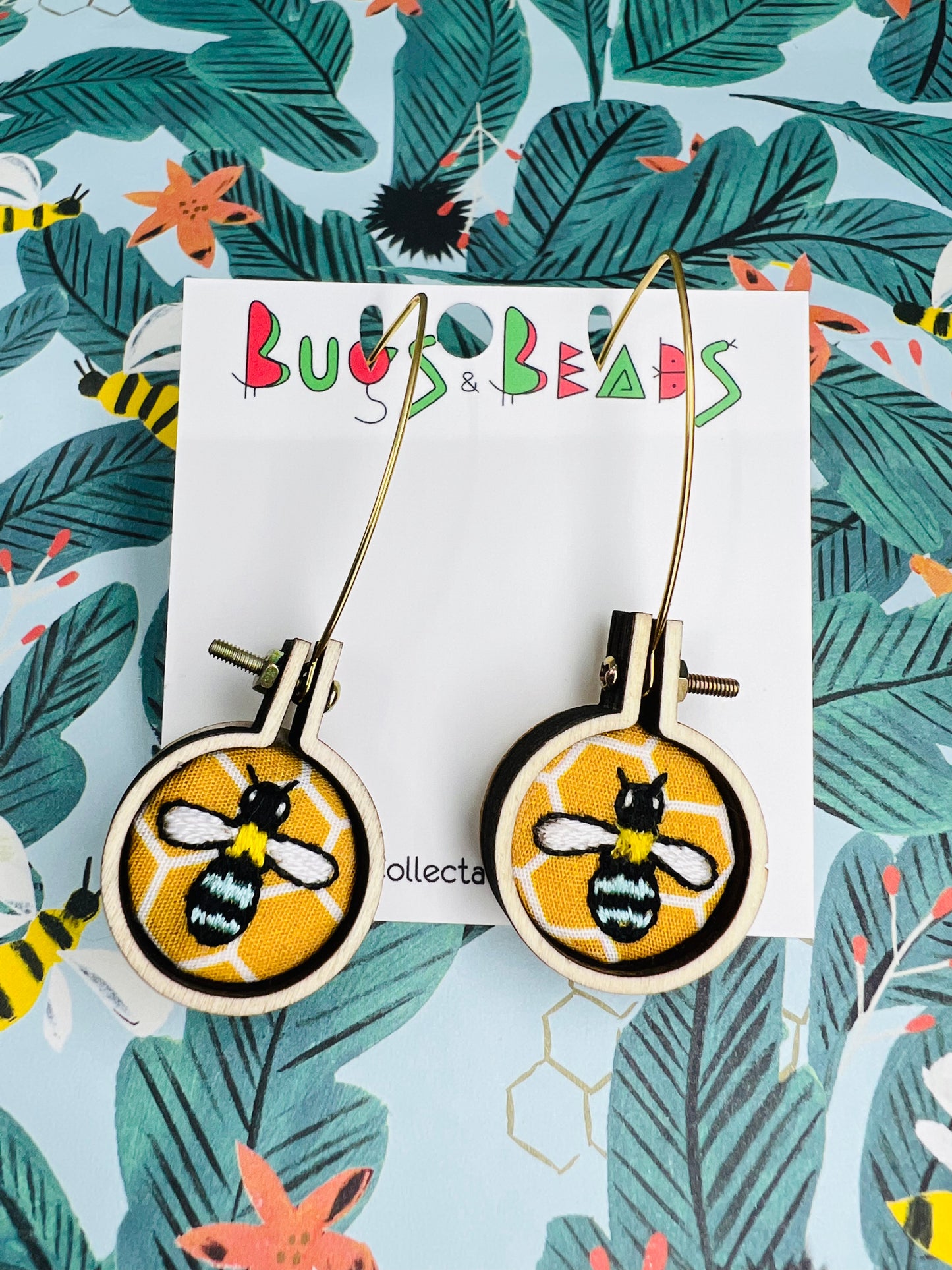 Embroidered Blue-banded bee earrings