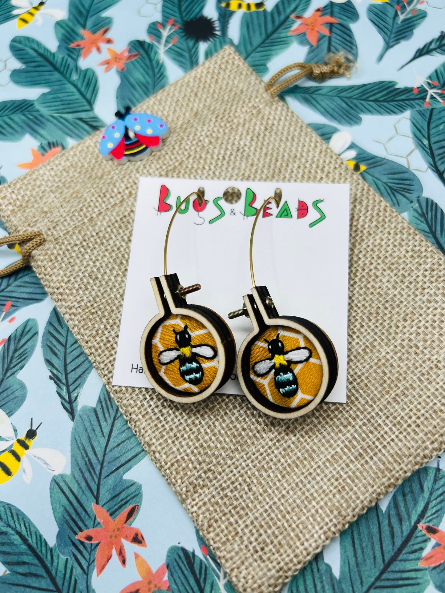 Embroidered Blue-banded bee earrings