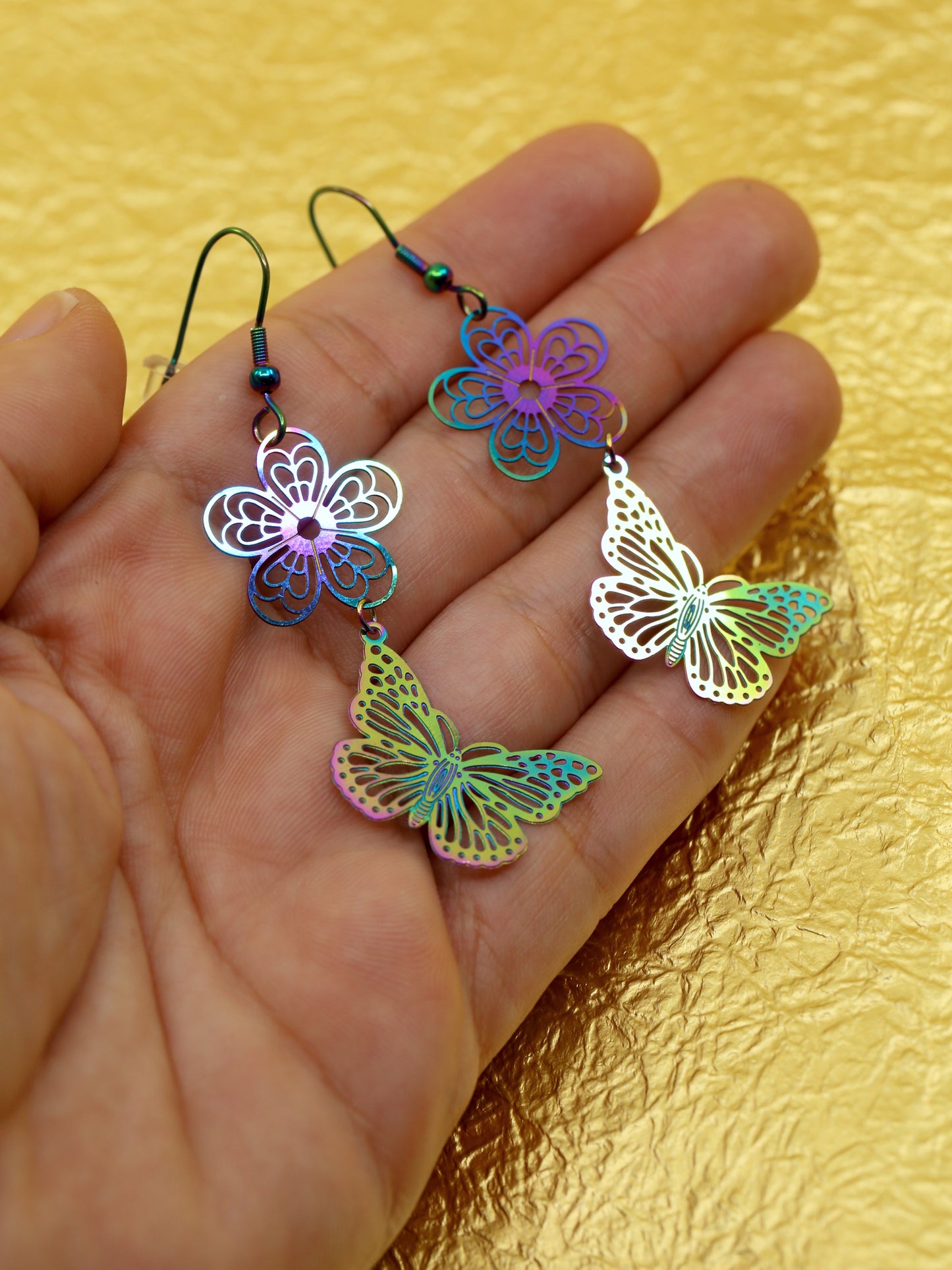 Rainbow butterfly on flower earrings