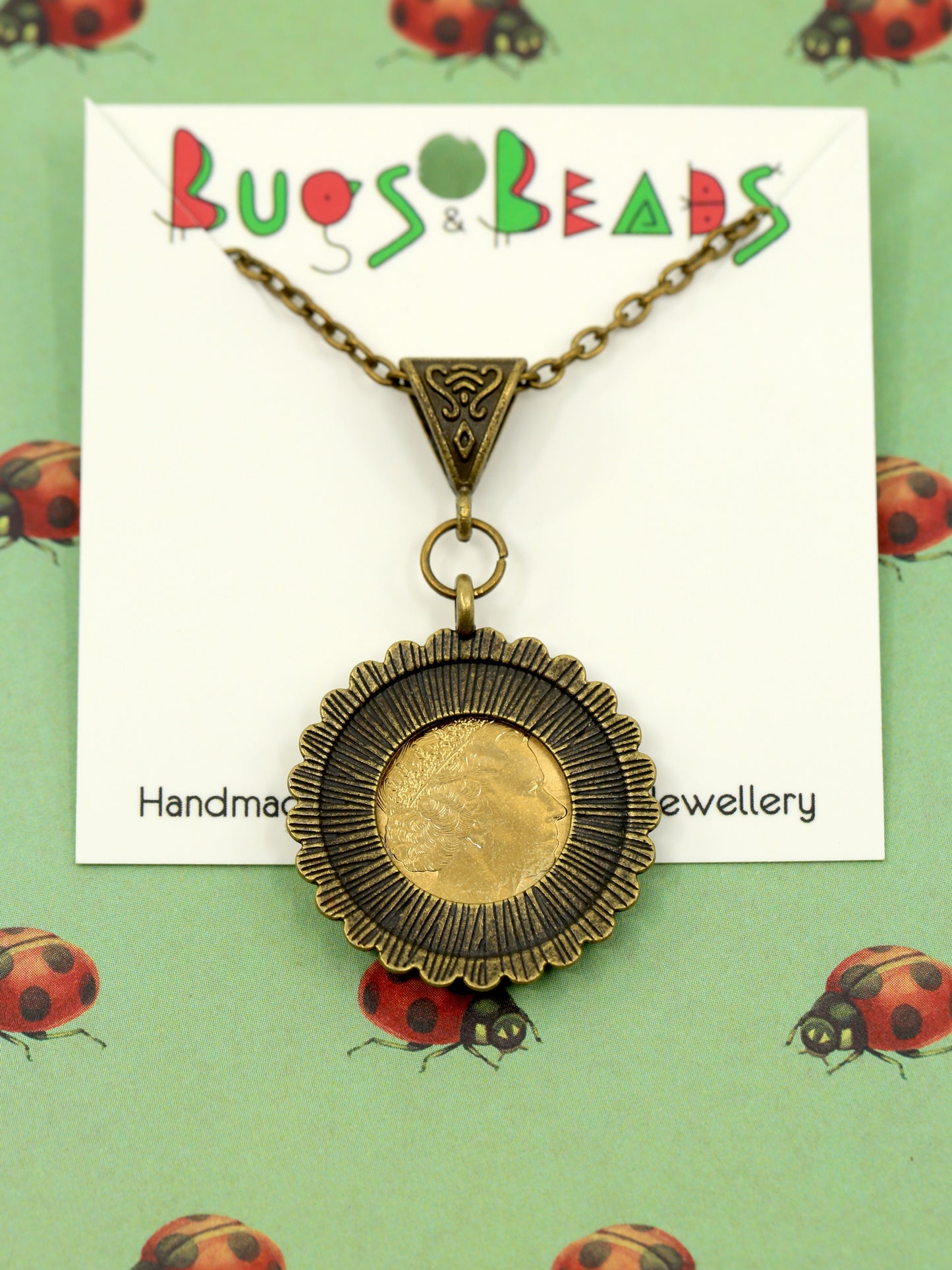Rainbow stag beetle decimal coin necklace