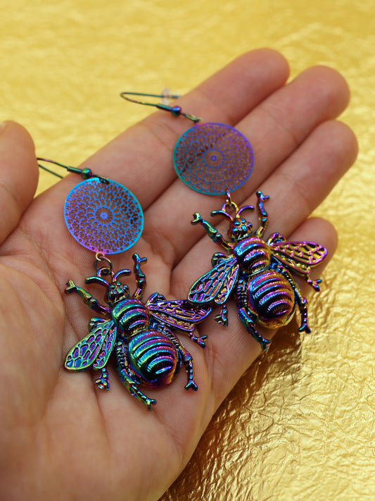 Rainbow nebula bees earrings